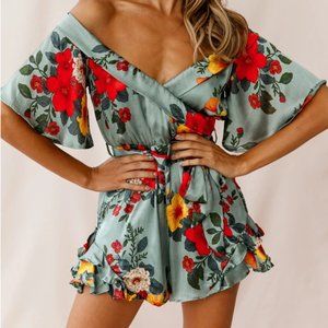 Teal Floral Ruffle Off The Shoulder Romper